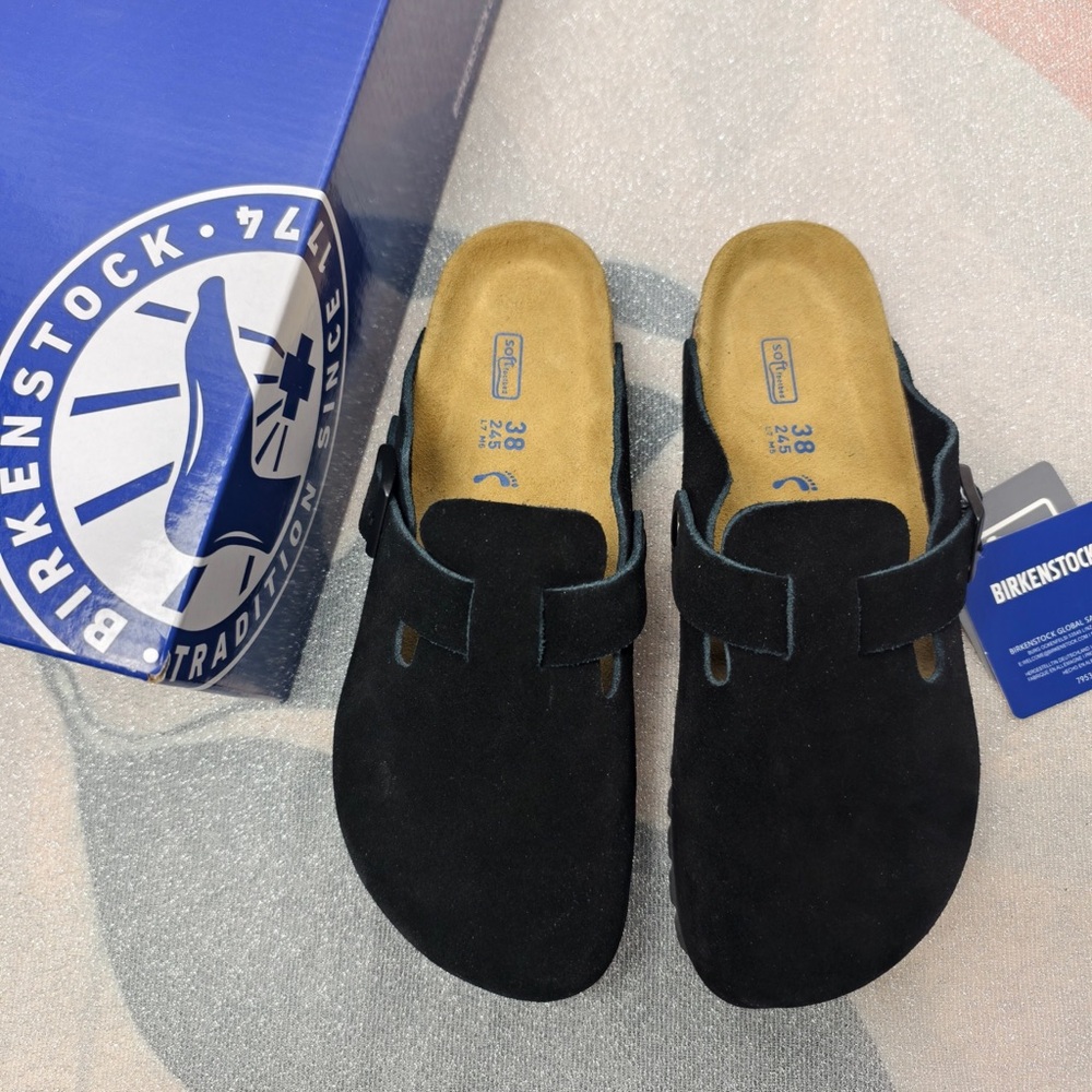 Women's Birkenstock Boston Black Suede Shoes - Narrow Fit